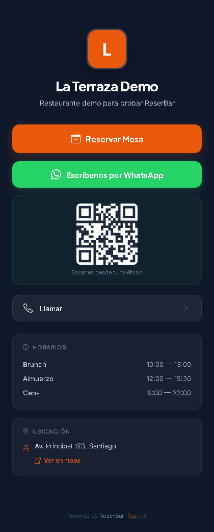 Link in Bio de ReserBar: página del restaurante con botón de reserva y código QR de WhatsApp