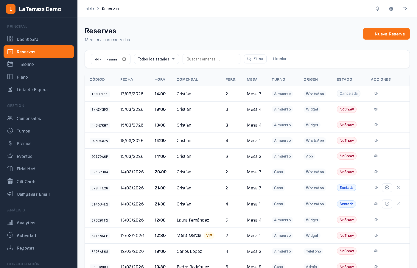 Módulo de Reservas - Vista de lista con filtros